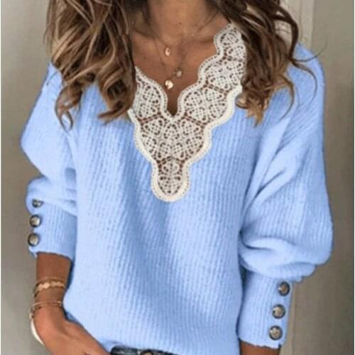 Winter Sexy V Neck Knitted Sweater Tops Jumpers Women Lace Patchwork Sweaters Elegant Autumn Buttons Knit Pullovers 4 Colors