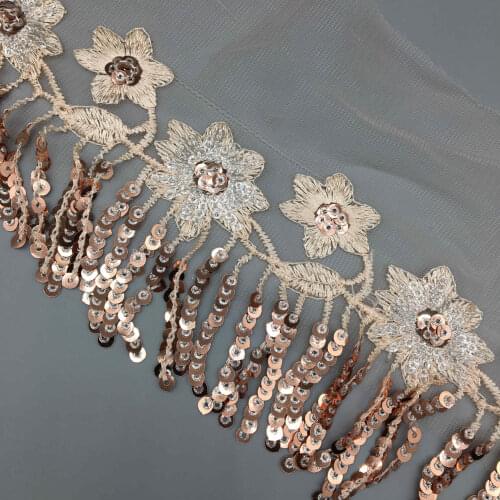 1 yard Champagne Gold Sequins Beaded Voile Lace Ribbon Shiny Trims Fabric Paillettes Collar Wedding Dress DIY Accessories Sewing