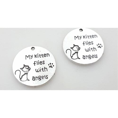 20 pcs/Lot 25mm Antique Silver colour letter printed my kitten cat charm round disc message charms