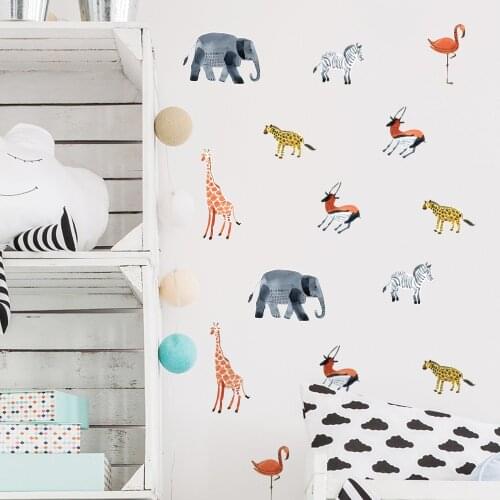 6 SHEETS Mini Ink Elephant Giraffe Flamingo Wall Stickers Cartoon Animals Wall Decal For Kids Living Room Bedroom