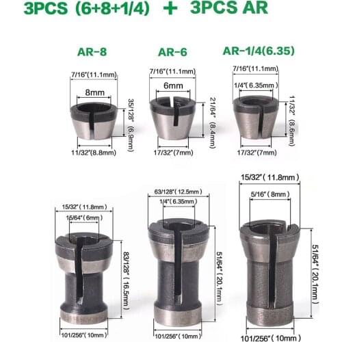 6pcs Trimming Engraving Machine Collet Chucks Router Bit Shank Adapter Woodworking Drilling Milling Tool 6/ 6.35/ 8mm