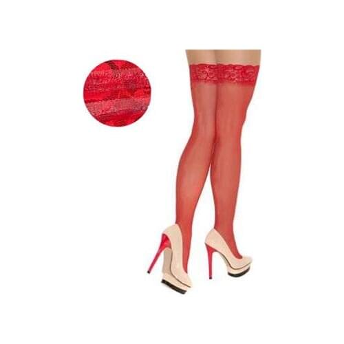 Red Silicone Stockings for Women Sexy Lingerie Catsuit Lace Top with Silicagel Non Slip Stay Up Sheer Long Thigh High Stocking