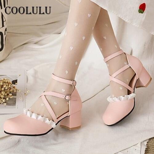 COOLULU Women Shoes Ankle Strap High Heels Chunky Heel Lolita Style Pumps Buckle Strap Cosplay Footwear Female Sweet Big Size 45