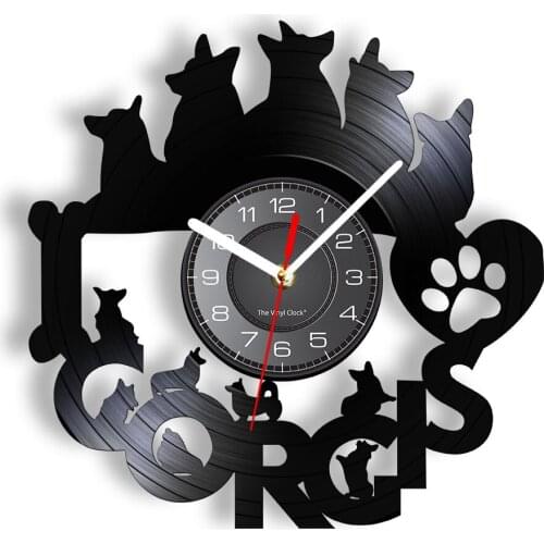 Baby Kid Bedroom Decor Corgi Dog Contemporary 3D Wall Clock Welsh Corgi Portrait Vinyl LP Record Watch Pet Shop Quiet Watch