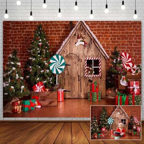 Winter Christmas Tree Backdrop Santa Sock Gift Red Wall Kid Cake Smash Photography Background Photo Studio Photozone Decor Props