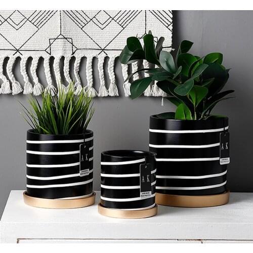 Black And White Striped Ceramic Flower Pot With Tray Round Potted Desktop Flower Arrangement Container Home Decorations