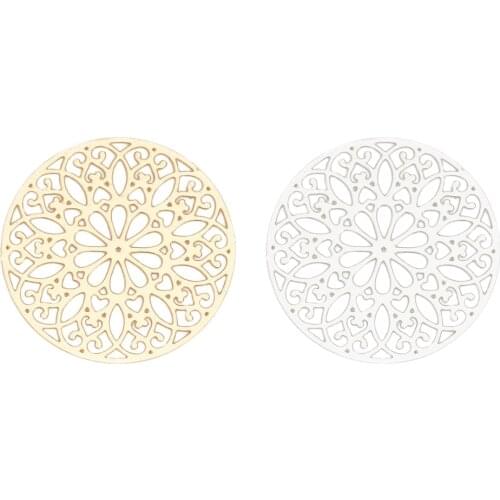 DoreenBeads Fashion Iron Based Alloy Filigree Stamping Connectors Round Silver Color Gold Flower DIY Charms 25mm Dia, 10 PCs