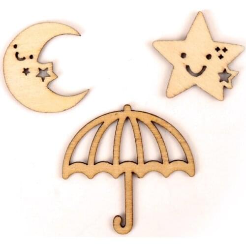 Cute Star Moon Umbrella Pattern Wooden Scrapbooking Painting Craft Handmade DIY Accessory Home Decoration 25-40mm 15pcs