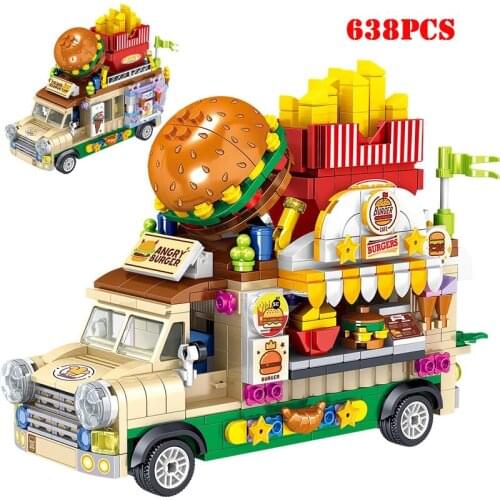 City Street View Hamburger Car Model Micro Building Blocks Friends Ice Cream Camping Vehicle Mini Bricks Toys For Children Gifts