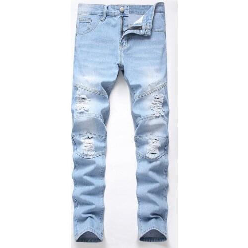Hole Jeans Mens European and American Straight Jeans Pants Light Blue Jeans Mens Pants