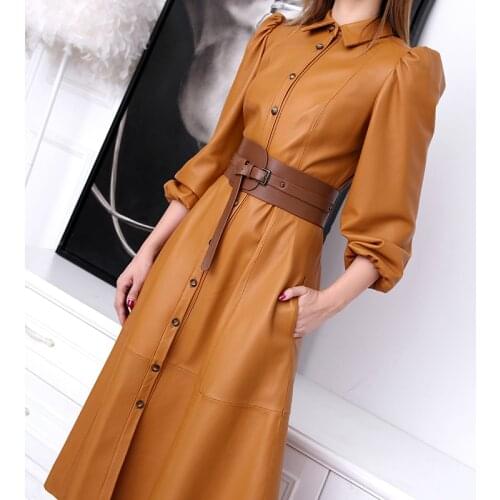 Super Quality Genuine Sheepskin Leather Dresses for Women Spring Autumn Long Dress Slim Female High Waist Dress Robes Zjt2123