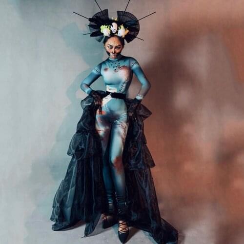 New Jazz/Pole Dance Clothing For Women Halloween Party Stage Performance Costumes Skull Headgear Gauze Skirt Rave Outfit DWY4775