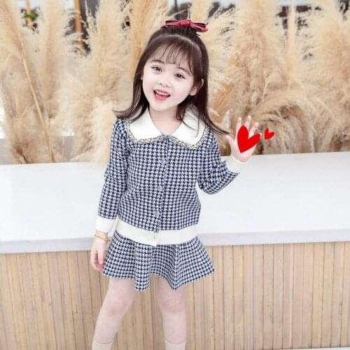 2021 Fall Girl Sweater Set Autumn Winter Two-piece Childrens Toddler Plaid Clothing Girl Long-sleeved Clothes Kids Outfits