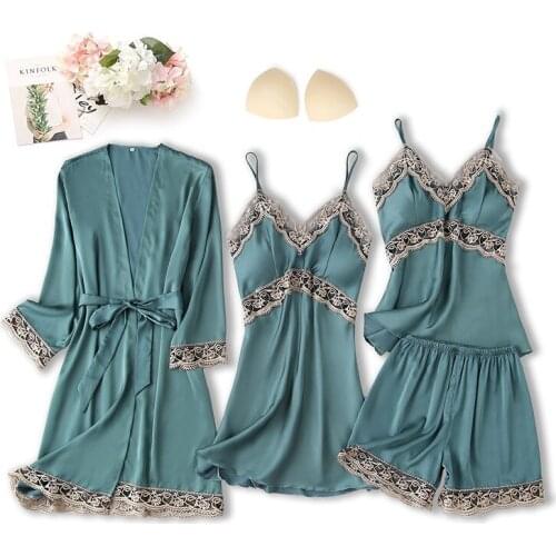 Spring Women Silk Elegant Lace Patchwork 4/3/2/1 Pcs Pajamas Half Sleeve Top Elastic Waist Pants Lounge Sleepwear Set