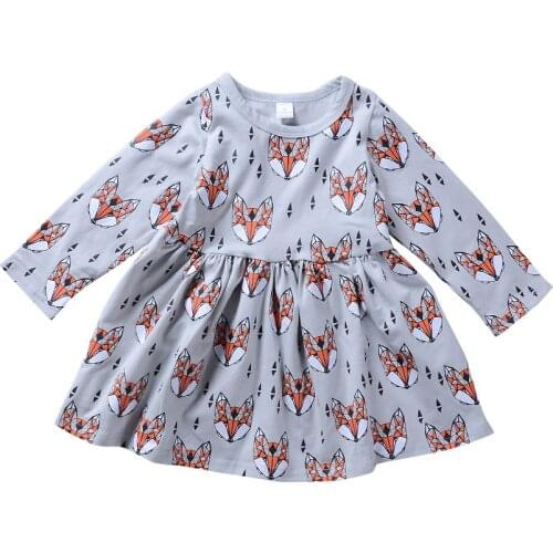 Little Girls Dresses Kleding Meisje Animal Fox Printing Ruched Grey Dress Casual Kids Girls Clothes