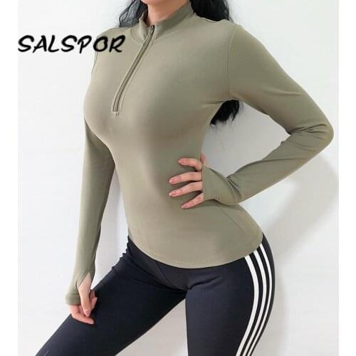SALSPOR Long Sleeve T Shirts Women Sport Tops Half Zipper Active Wear with Thumb Holes Solid Gym Clothing Seamless Fitness Solid