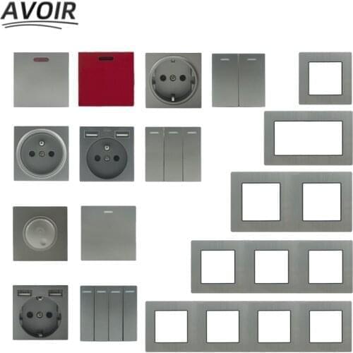 Avoir Gray Wall Light Switch Aluminum Brushed Panel Dimmer EU French Sockets And Switches 1 2 3 4 Gang 2Way DIY Free Combination