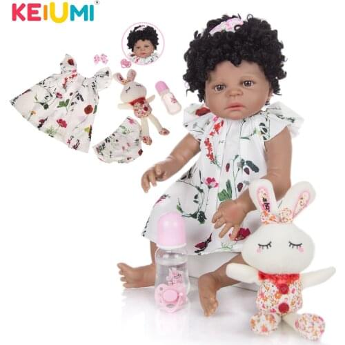 KEIUMI Full Body Silicone Reborn Baby Dolls 23 Inch Black Skin Reborn Bebe Gilr Dolls Toy Childrens Day Gifts Bed Time Playmate