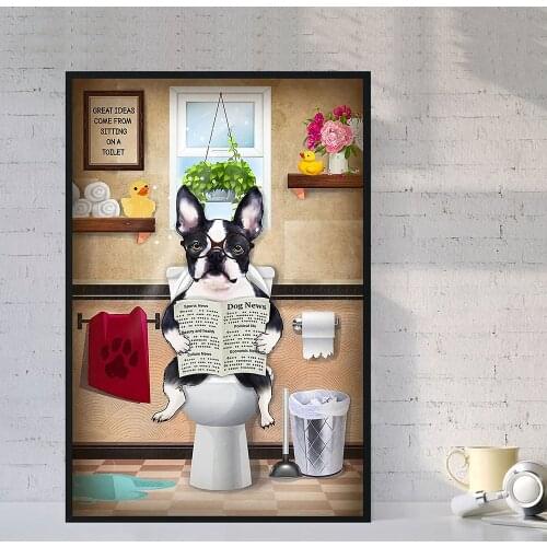 Dog Reading Newspaper Toilet Wall Art Canvas Poster Prints Funny Dog Painting Wall Pictures Bathroom Home Decor Dogs Lover Gift