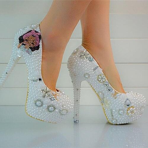 High Heels Pearl wedding shoes Elegant Wedding Dress Shoes Full Grain Leather Manual Pearl Bride Shoes Popular Formal Shoes