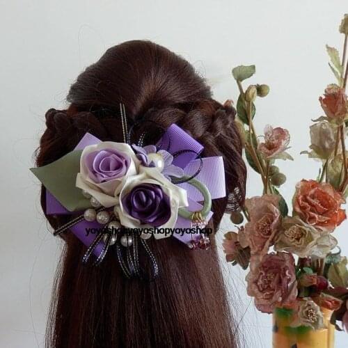 Purple rose handmade yarn pearl bow hair clip Classical flower Hair accessoriesF082