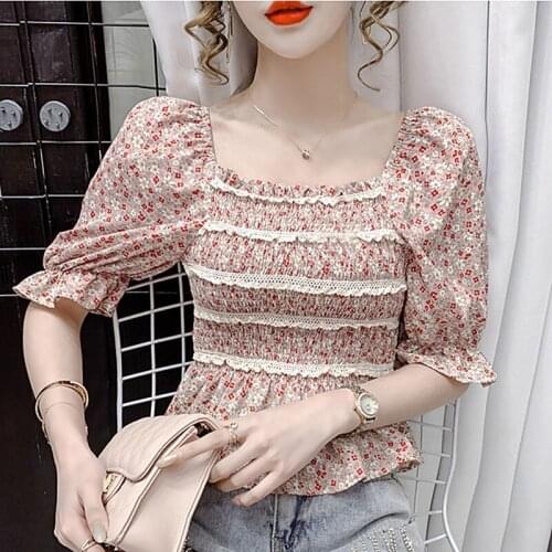 2021 New Women Floral Print Square Collar Blouses Summer Short Sleeve Shirts Ladies Sweet Casual Slim Chiffon Shirt Tops L562