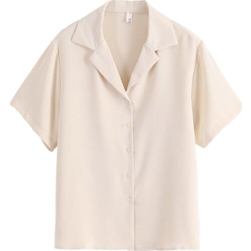 PERHAPS U Women White Khaki Pink Chiffon Short Sleeve Notched Shirt Solid Summer Work B0175