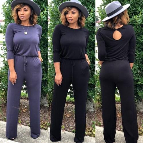 Women fashion soild color long sleeve loose casual jumpsuit female wide leg pocket rompers overalls long pants one piece outfit