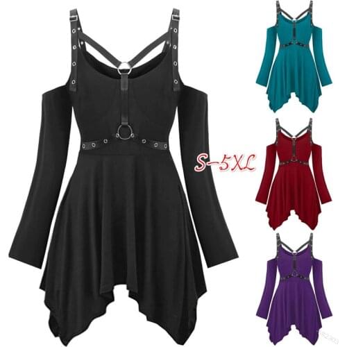 Retro Plus Size Halloween Cold Shoulder Long Sleeve Cosplay Medieval Gothic Sexy Hollow Buckle Belt Ribbon Tee Women Punk Dress