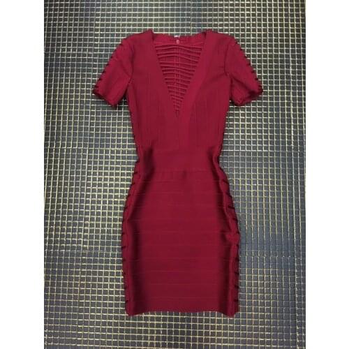 2020 Short Sleeve Sexy Night Out Party Dress Red Wine Women Bodycon Vestidos New Summer Hollow Out Bandage Dress Women Celebrity