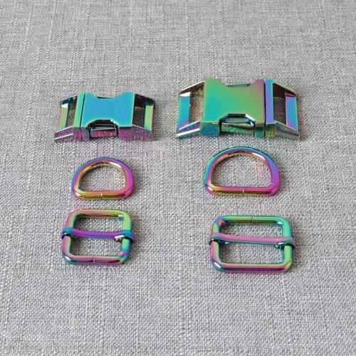 10Sets 20mm 25mm Rainbow DIY Dog Collar Paracord Metal Buckle Hardware Straps Loop Bags Belts Adjuster D Ring Clasp Accessories