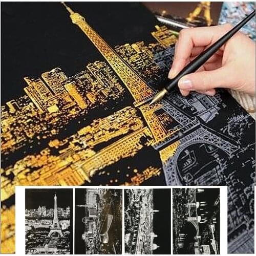 4pc/lot City View Scratch paper Art painting London Las Vegas Casino Florence Paris Drawing paper for Kids Toys Coloring Books