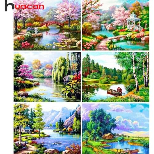 Huacan Diamond Art Painting River Scenery Home Decor Mosaic Embroidery Spring Tree Landscape Wall Stickers