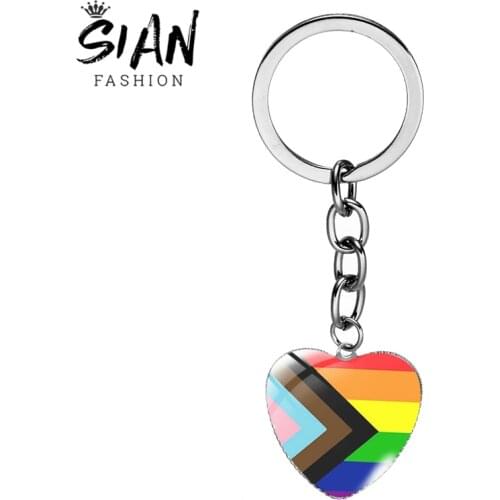 SIAN Key Chain LGBT Rainbow Pride Flag Heart Glass Cabochon Key Ring Bisexual Pride Long Key Chain or Handbag Pendant Trinkets