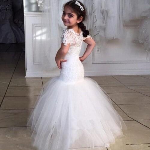 White Lace Flower Girls Dresses For Weddings Short Sleeves Mermaid Girl Birthday Party Dress Trumpet Pageant Gowns