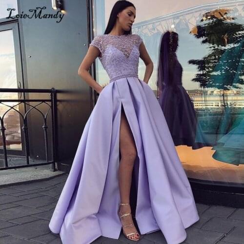 Sexy Side Split Lavender Evening Dresses 2019 Sheer Scoop Neck Long A Line Prom Graduation For Women With Pocket Cheap Formal Pa