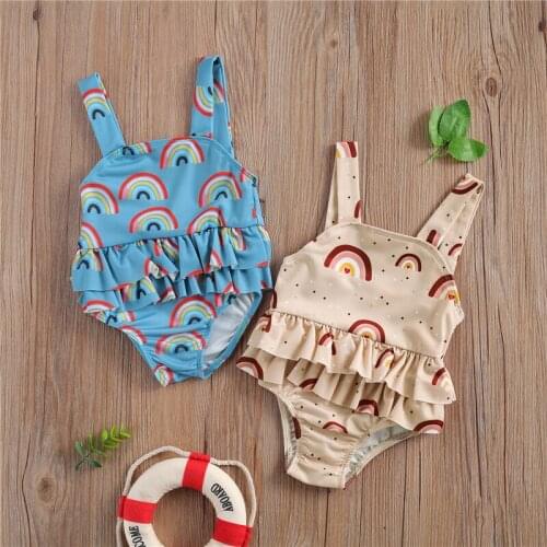 2021 Baby Toddler Girls One-Piece Swimsuit Rainbow Printed Ruffle Tutu Trim Rash Guard Swimwear Bathing Suit Girls Beachwear