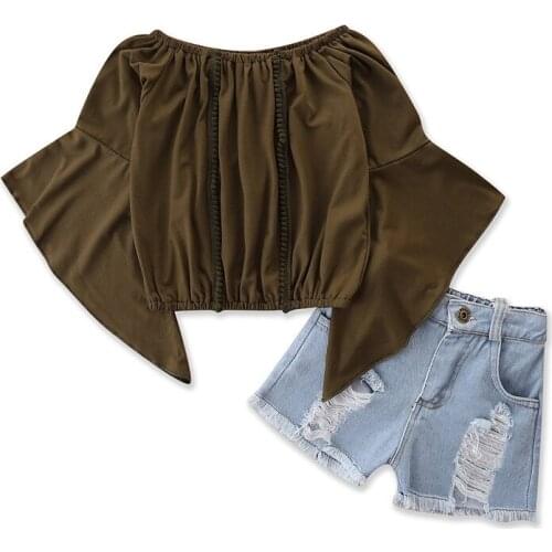 2021 Childrens Clothing Summer New Girls Casual Suit Fashion Solid Color Bell Sleeve Top Ripped Denim Shorts