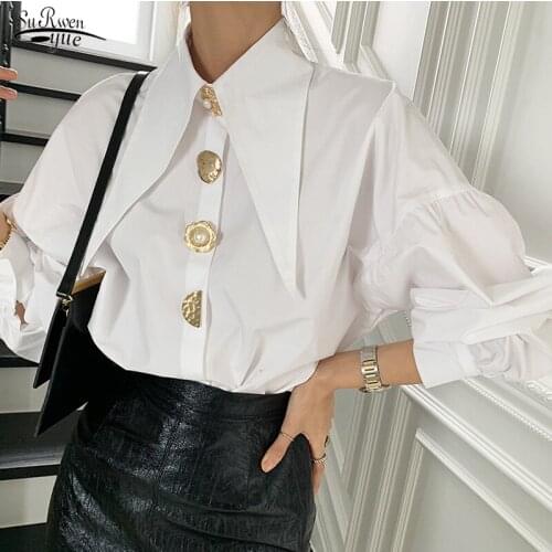 Korean Elegant Chic Button Up Ladies Blouse Office Lady Cotton White Shirt Woman Loose Lantern Sleeve Tops Female Blusas 15631