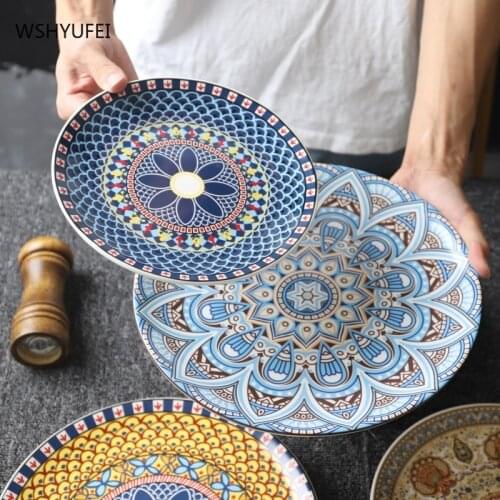 Ceramic tableware Bohemian flat household tableware, shallow plate, hand-painted plate, creative pattern, Southeast Asia