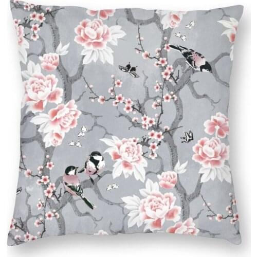 Birds In Grey Floral Pattern Square Pillow Case Home Decor Peony Sakura Flowers Blossom Cushion Cover Throw Pillow for Car