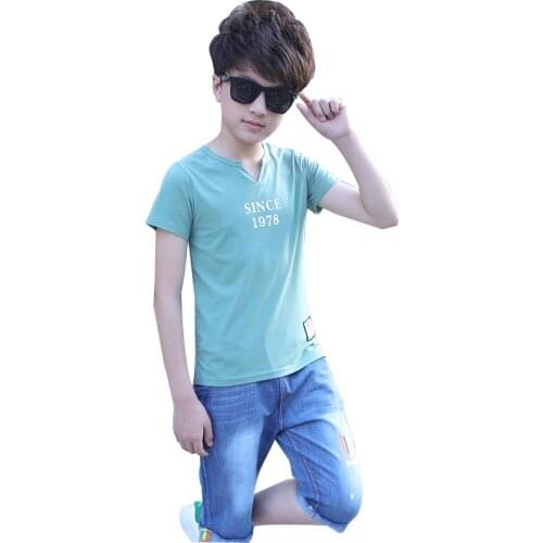 Summer Cotton Baby Boys Sets Children Clothing Sets Kids letter Printing T-shirt + Denim Shorts 2 pcs For 4 6 8 10 12 14 Years