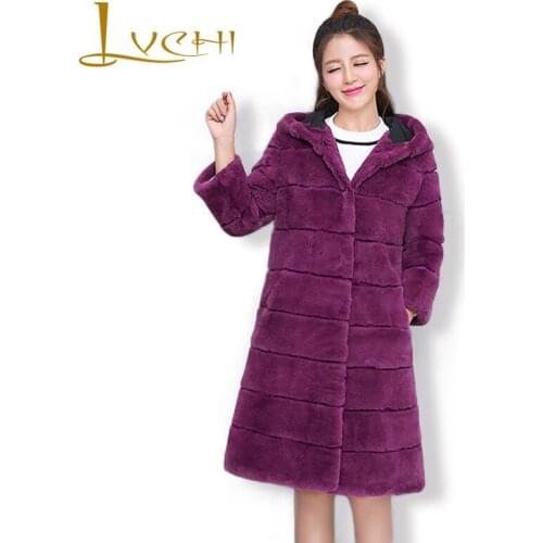 LVCHI 100% Natural Rabbit Turn-down Winter Thin Warm Rabbit Fur Fashion Casual Slim Bodycon Rabbit Coats Hat White Long Overcoat