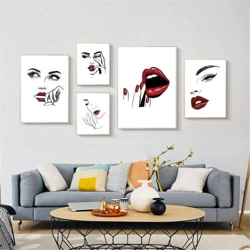 Beauty Women Face Fashion Painting Sexy Red Lips Wall Art Canvas Print Eyelash Poster Nordic Wall Pictures For Living Room Decor