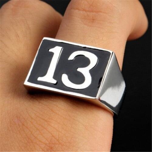 Punk Mens Lucky 13 Silver color Ring 316L Stainless Steel Biker Ring Fashion Mens Jewelry