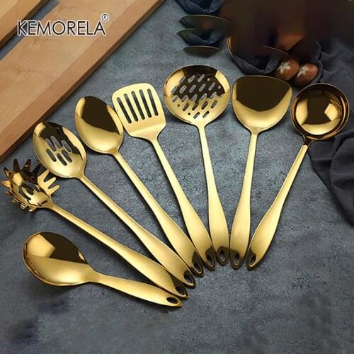 1PC Gold Titanium Stainless Steel Cooking Shovel Cookware Kitchen Tools Chopsticks Soup Colander Set Spatula Ladle Kitchenware