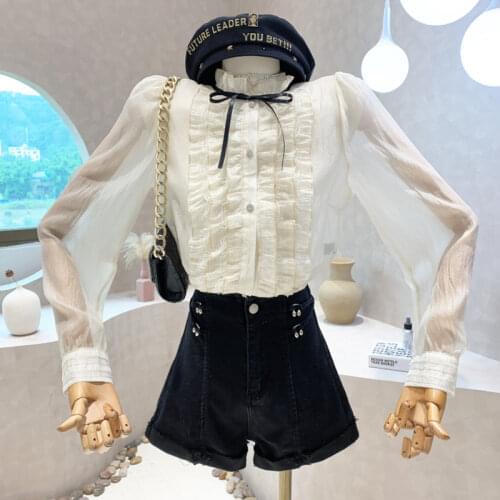 New Womens Clothing 2021 Autumn Niche Design Top Double Layer Ruffled Stitching Doll Collar Loose White Shirt