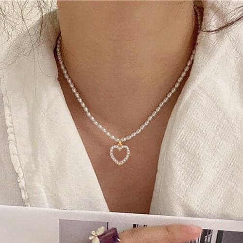 DIEZI Korean Imitation Pearl Heart Pendant Necklaces Elegant Simple Party Wedding Choker Necklace For Women Jewelry 2021 New