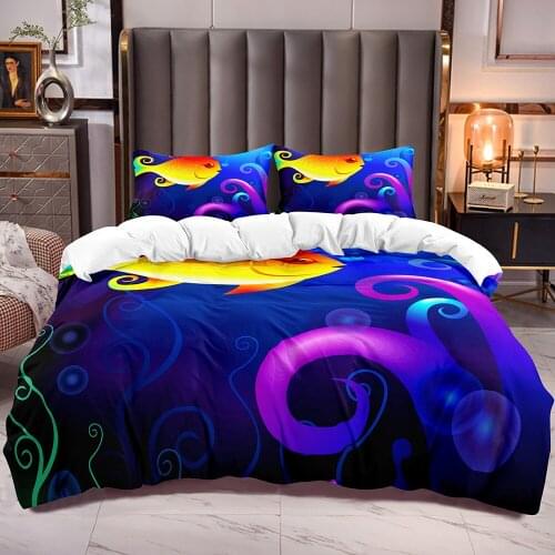 Boys Girls Duvet Cover with Gold Fish Print Blue Ocean Cartoon Pattern Kids Comforter Cover with White Reverse Zipper Closure