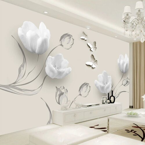 Custom Mural Wallpaper Modern 3D Stereo Tulip Butterfly Flowers Wall Painting Fashion Living Room Home Decor Wall Papers For 3 D